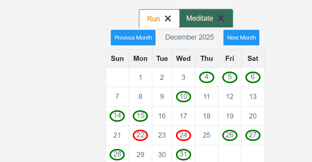 Habits tracker calendar screenshot
